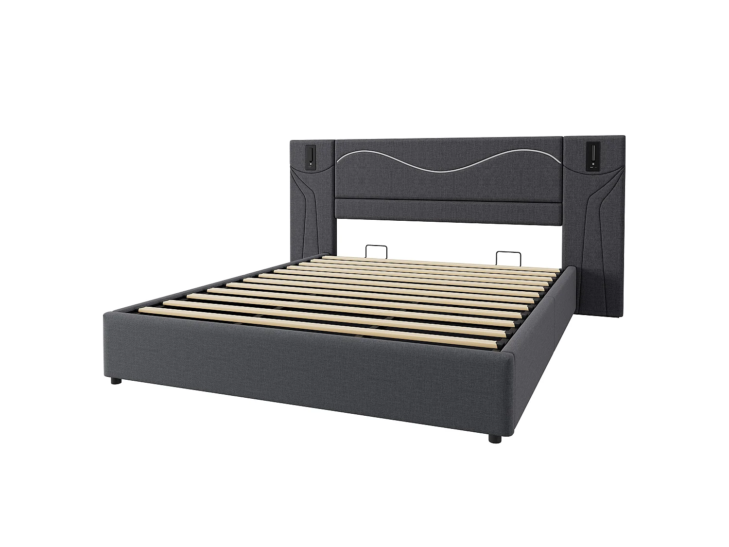 Lit coffre 180x200 cm, lit adulte avec LED et 2 liseuse, USB, en lin, gris, sans matelas