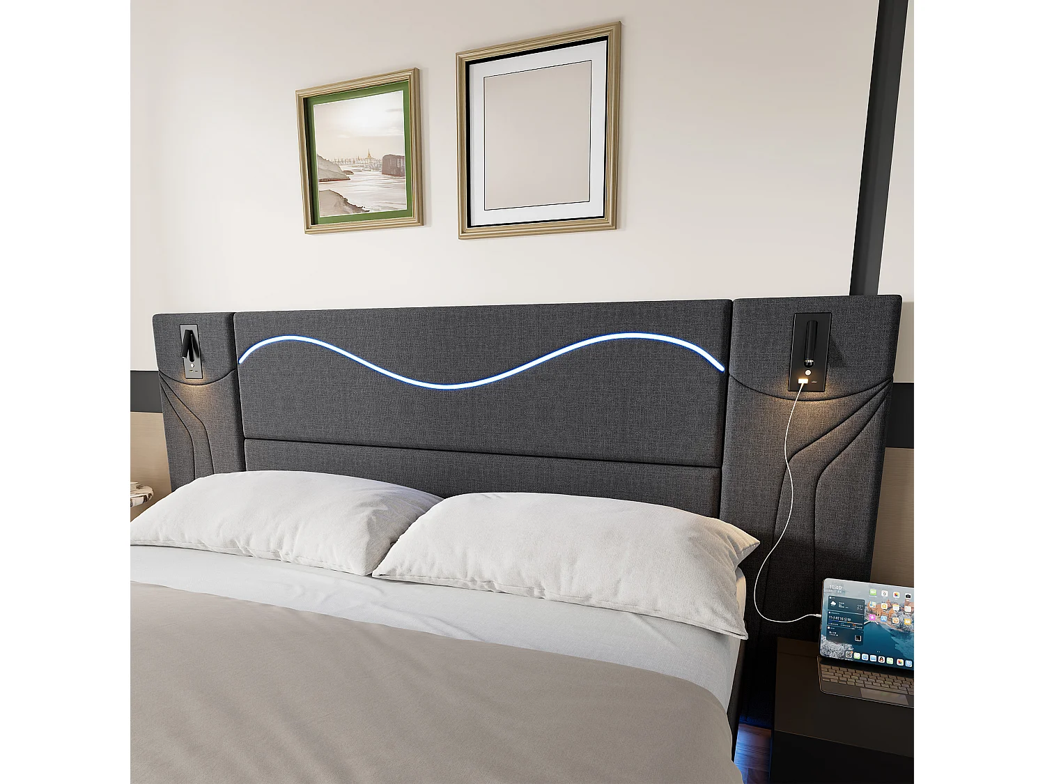 Lit coffre 180x200 cm, lit adulte avec LED et 2 liseuse, USB, en lin, gris, sans matelas