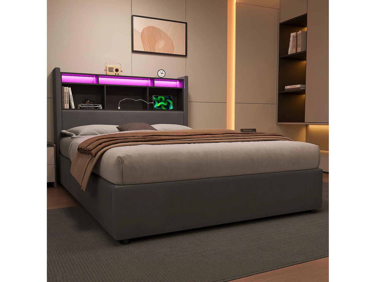 Lit coffre 140x200 cm, lit avec LED, tête de lit avec rangement, en velours gris