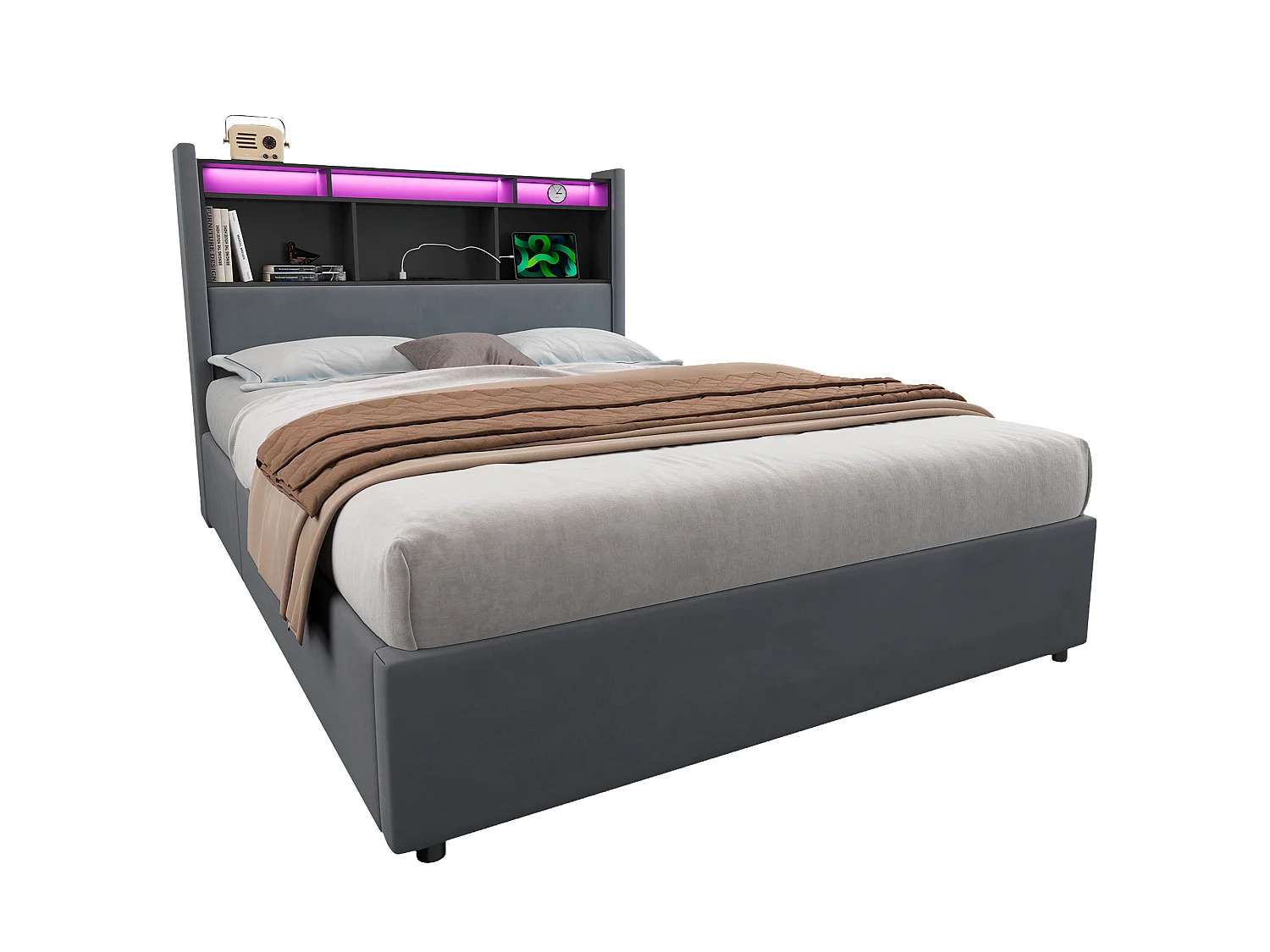 Lit coffre 140x200 cm, lit avec LED, tête de lit avec rangement, en velours gris