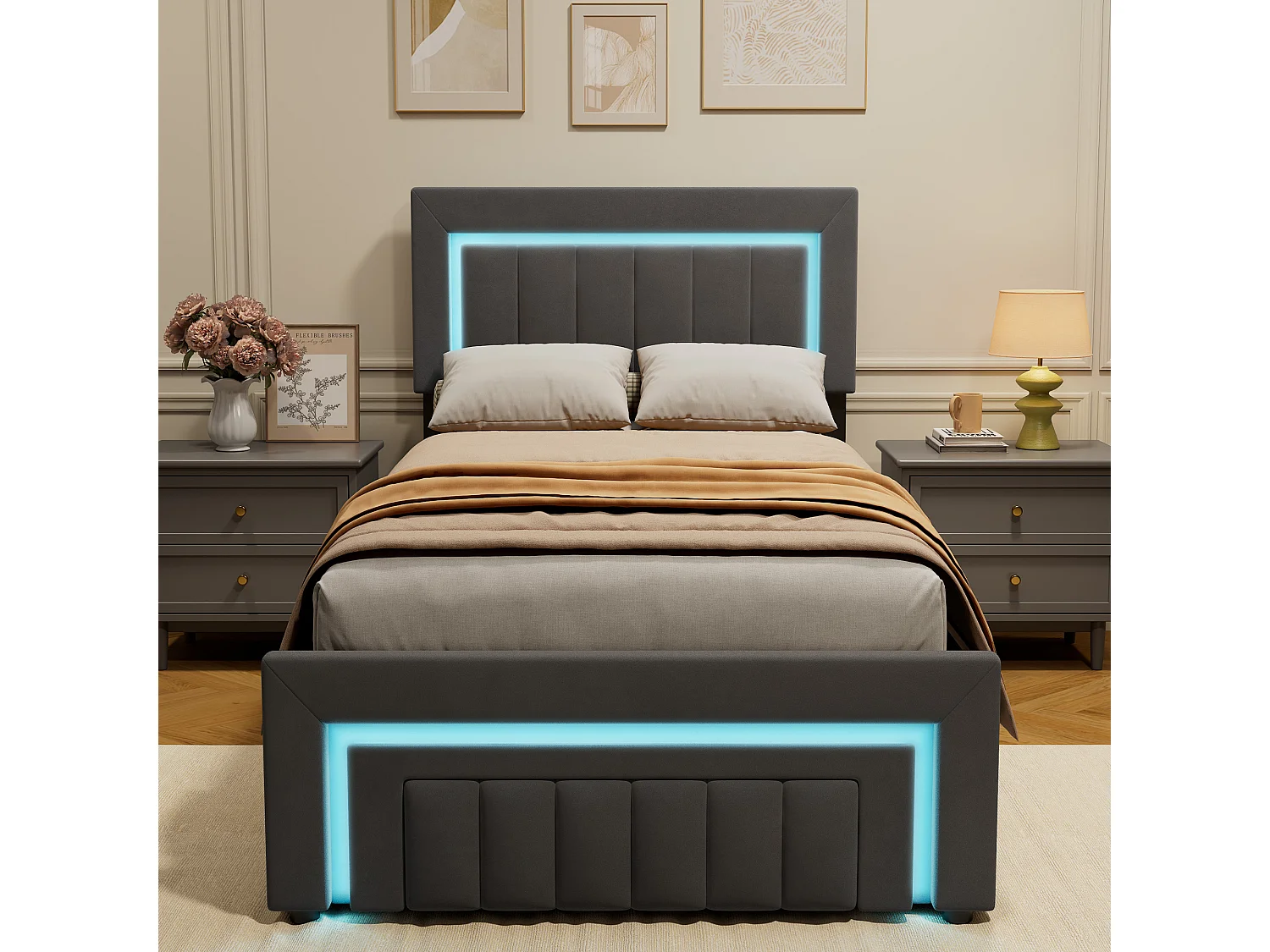Lit coffre 90x200 cm, lit enfant avec LED, tiroirs, sans matelas, en velours, gris
