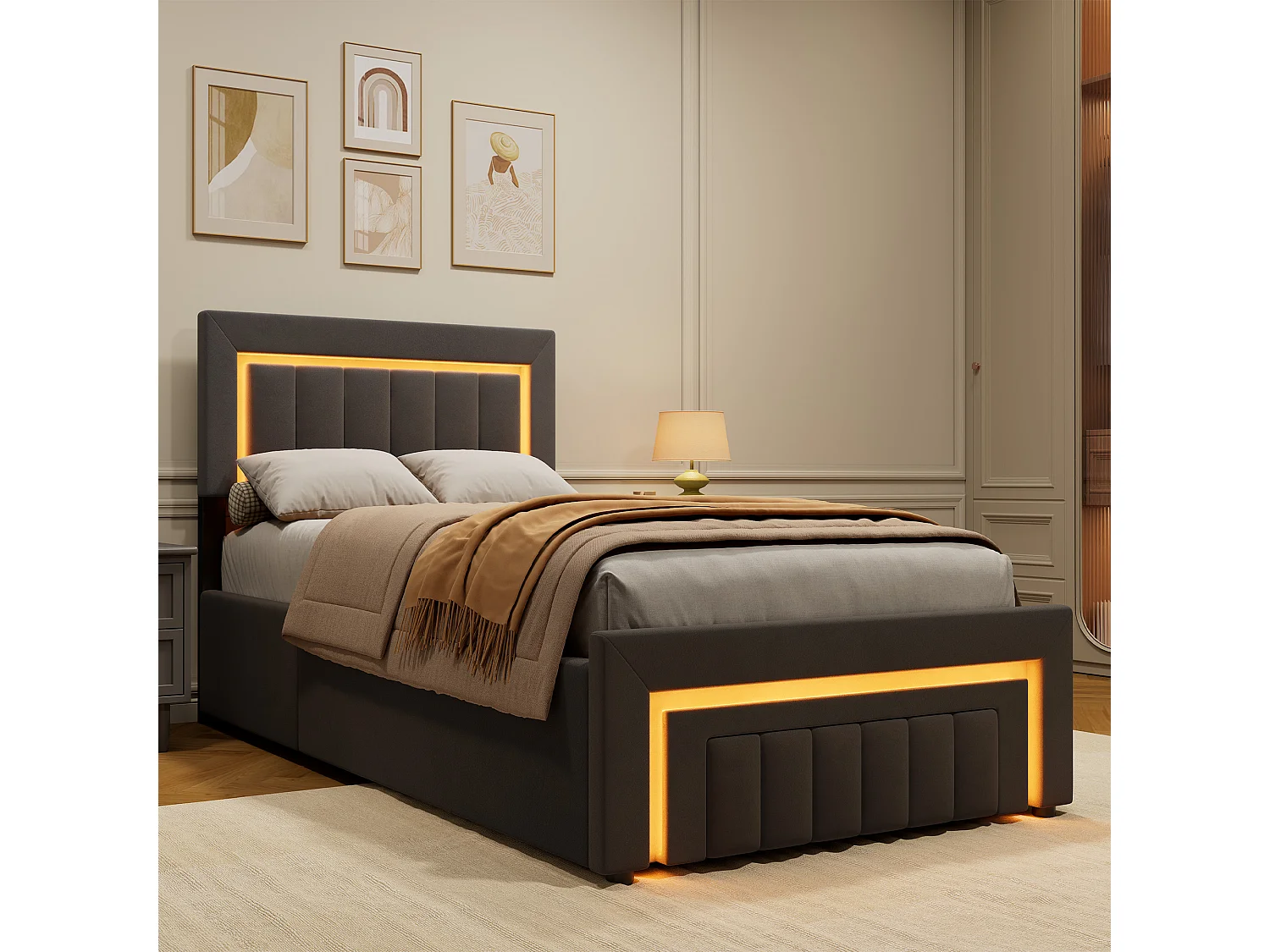 Lit coffre 90x200 cm, lit enfant avec LED, tiroirs, sans matelas, en velours, gris