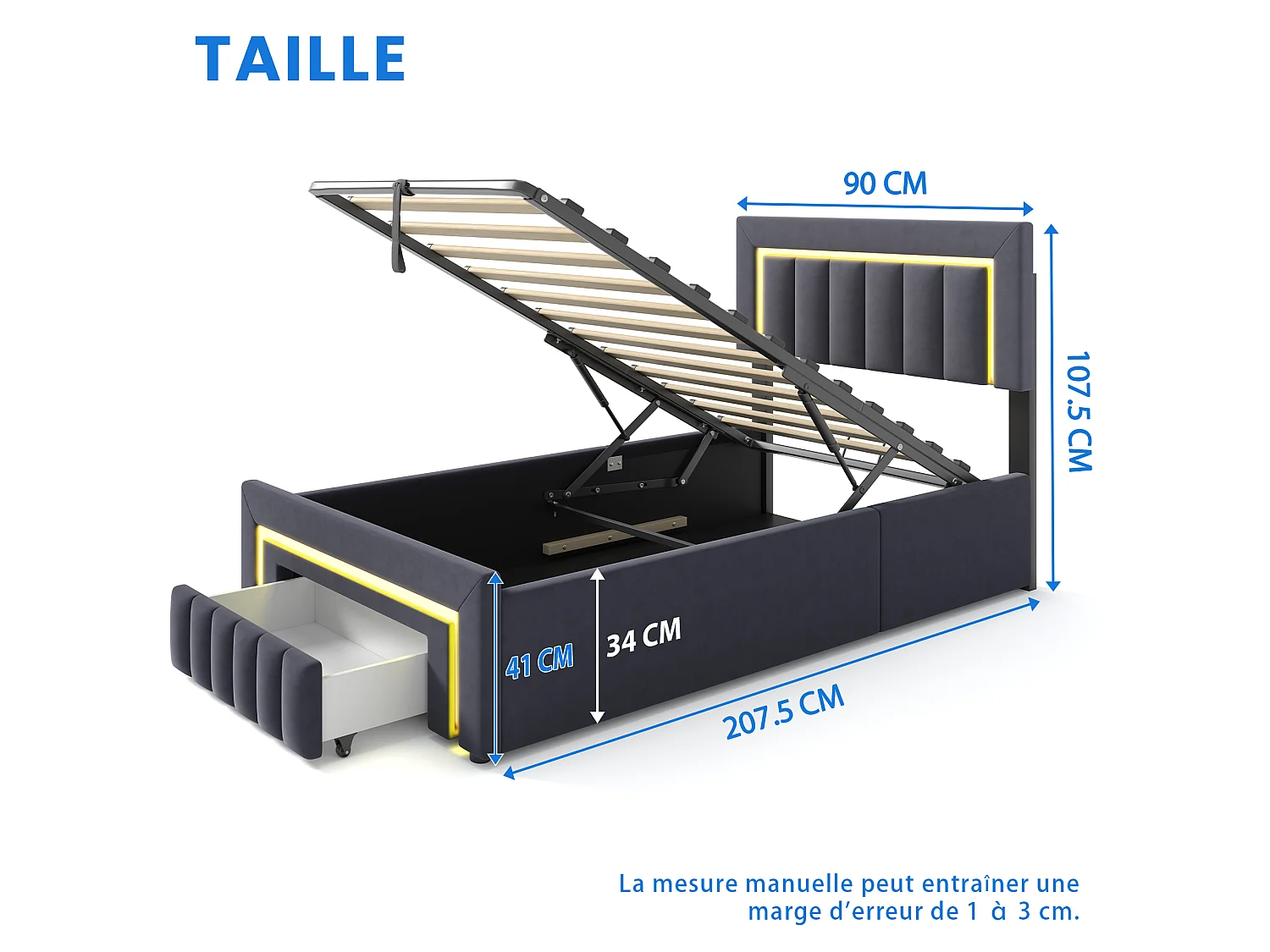 Lit coffre 90x200 cm, lit enfant avec LED, tiroirs, sans matelas, en velours, gris