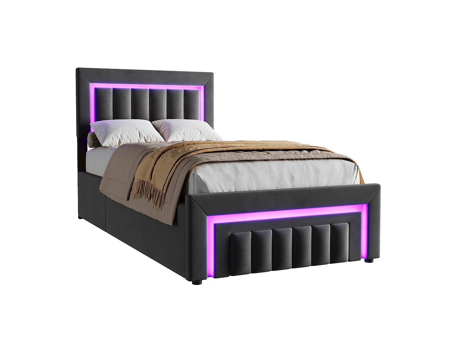 Lit coffre 90x200 cm, lit enfant avec LED, tiroirs, sans matelas, en velours, gris