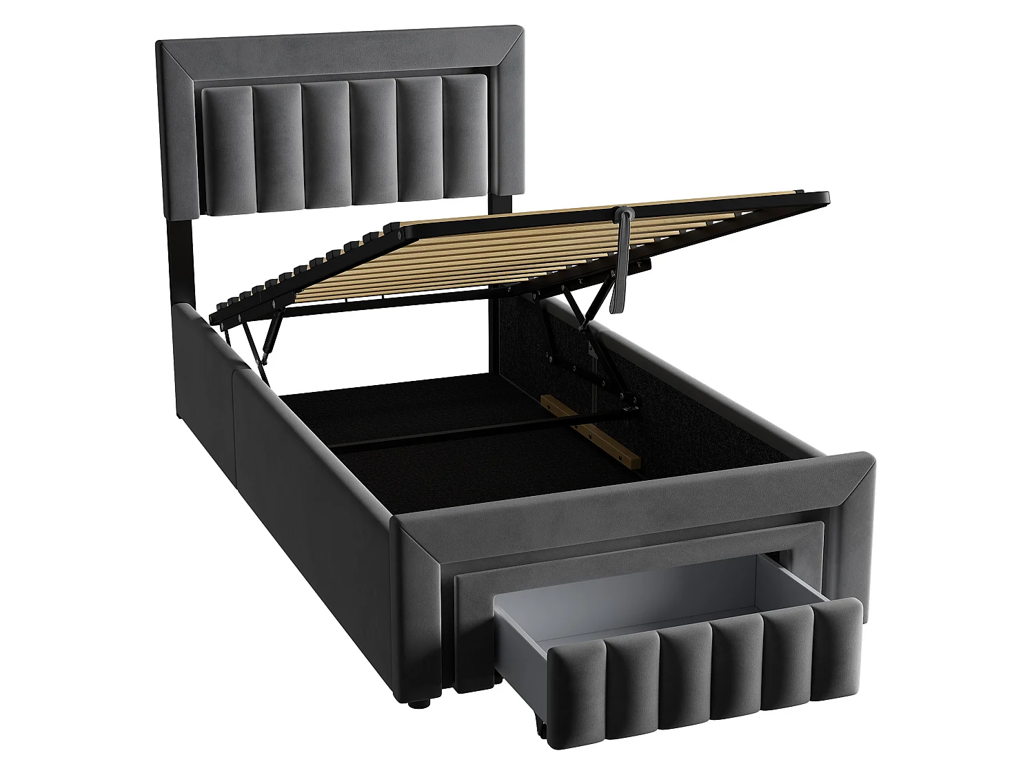 Lit coffre 90x200 cm, lit enfant avec LED, tiroirs, sans matelas, en velours, gris