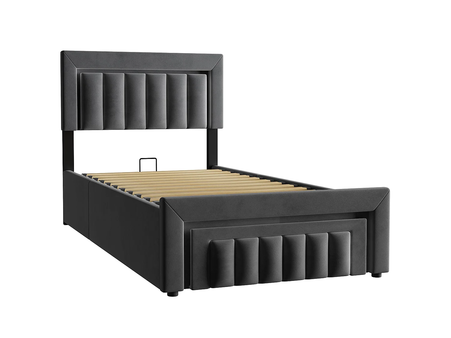 Lit coffre 90x200 cm, lit enfant avec LED, tiroirs, sans matelas, en velours, gris