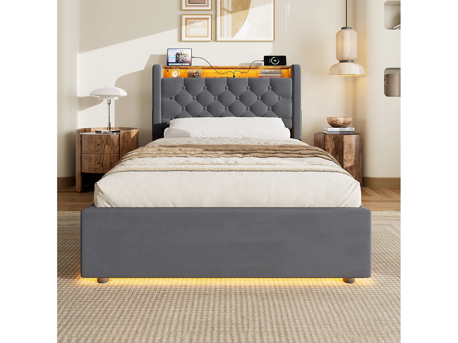 Lit coffre 90x190 cm avec LED, tête de lit avec rangement, prise, sans matelas, en velours, gris