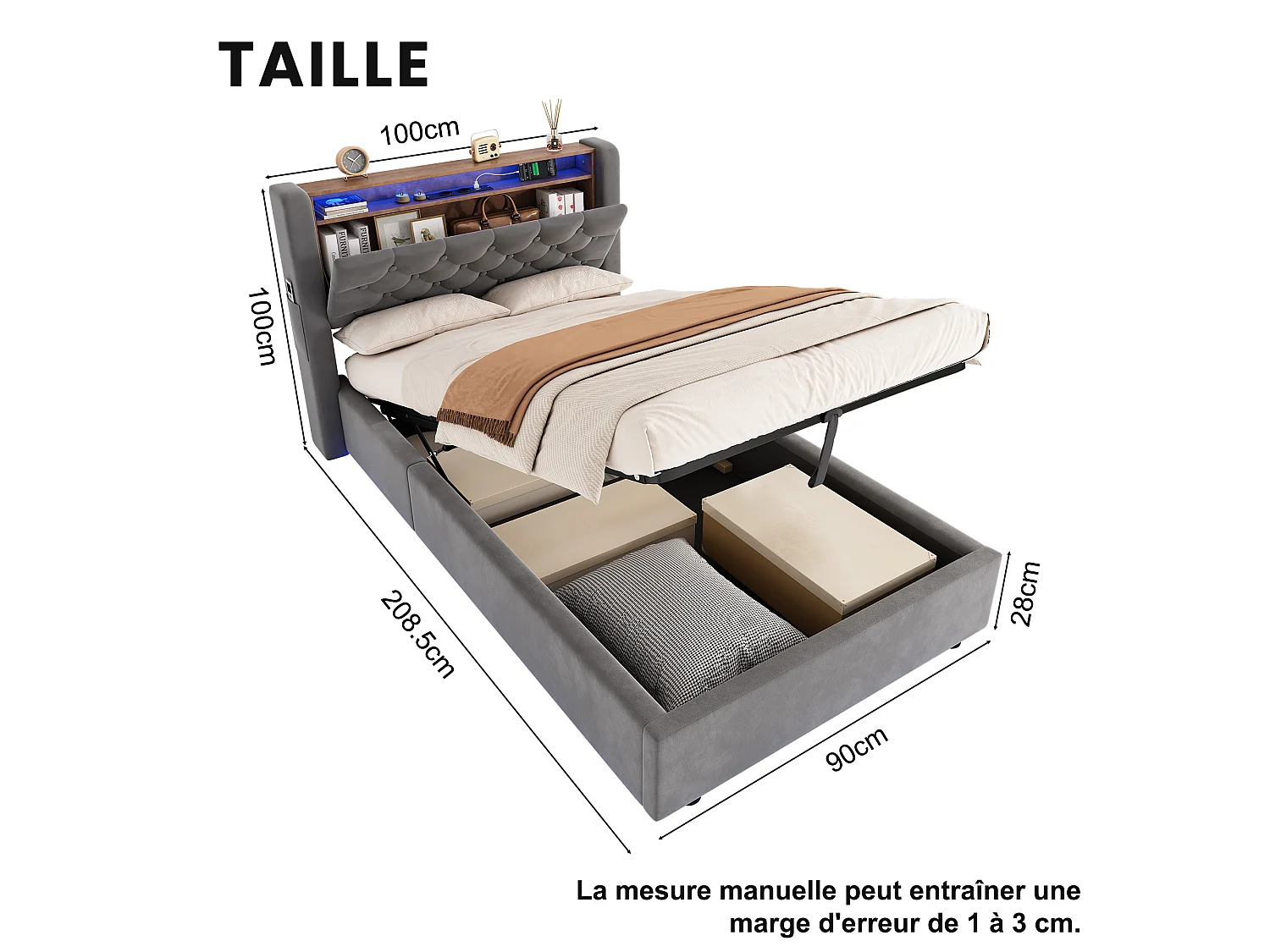 Lit coffre 90x190 cm avec LED, tête de lit avec rangement, prise, sans matelas, en velours, gris
