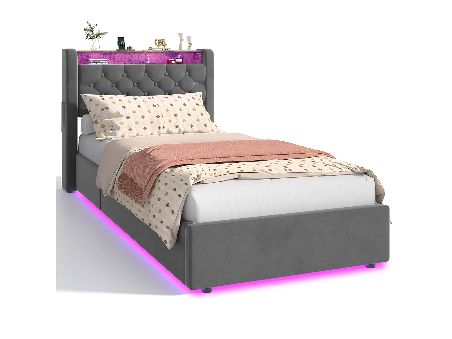 Lit coffre 90x190 cm avec LED, tête de lit avec rangement, prise, sans matelas, en velours, gris