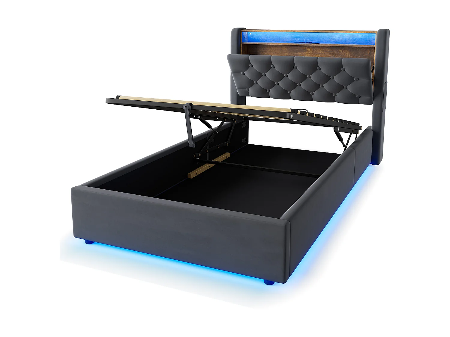 Lit coffre 90x190 cm avec LED, tête de lit avec rangement, prise, sans matelas, en velours, gris