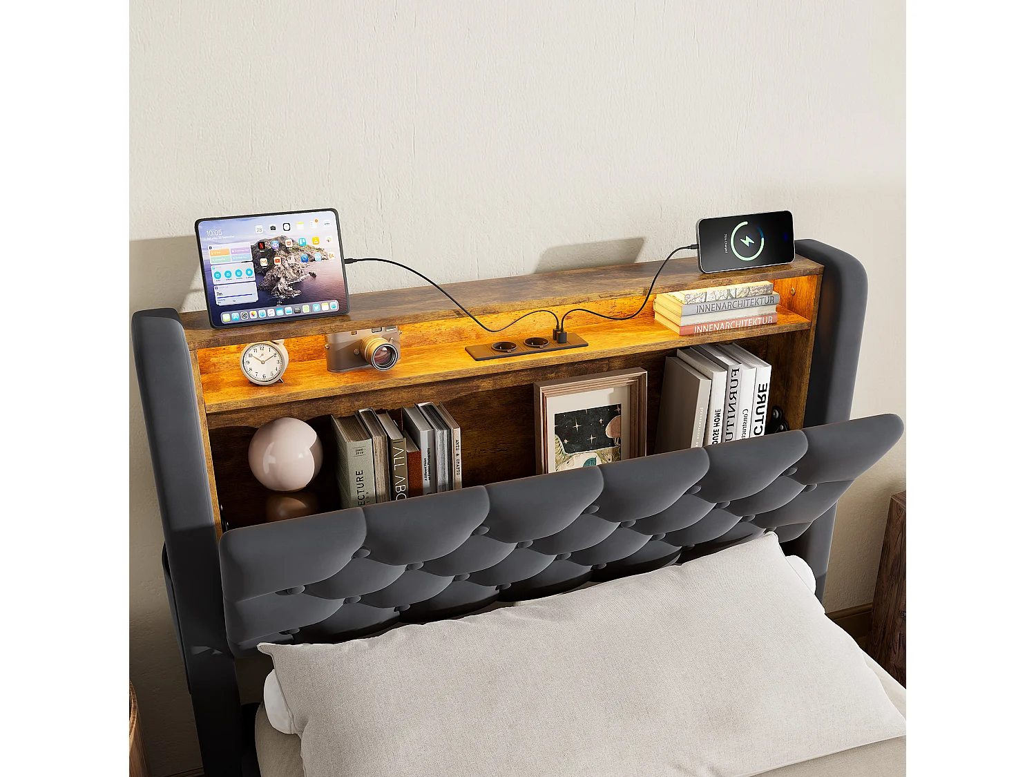 Lit coffre 90x190 cm avec LED, tête de lit avec rangement, prise, sans matelas, en velours, gris