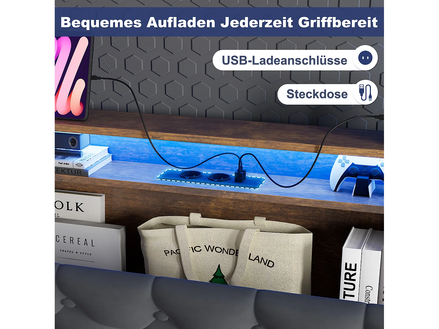 Lit coffre 90x190 cm avec LED, tête de lit avec rangement, prise, sans matelas, en velours, gris
