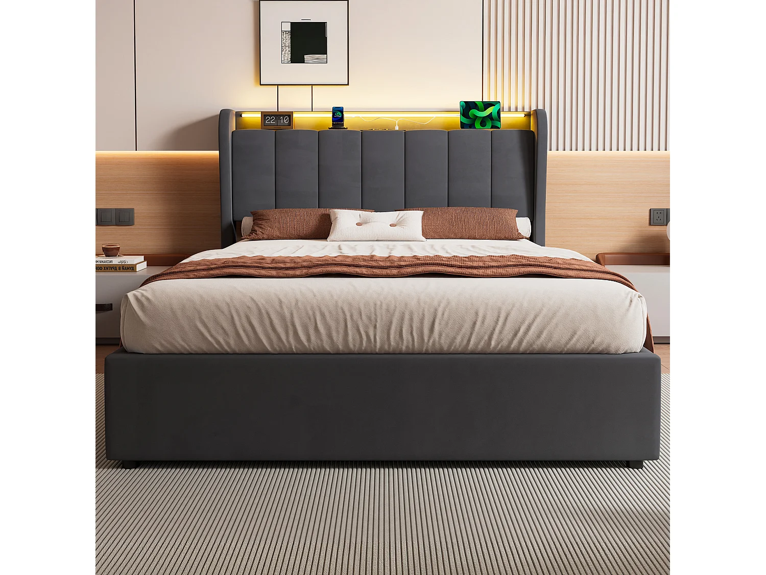 Lit coffre 140x200 cm, lit adulte avec LED et prise électrique, en velours gris, sans matelas