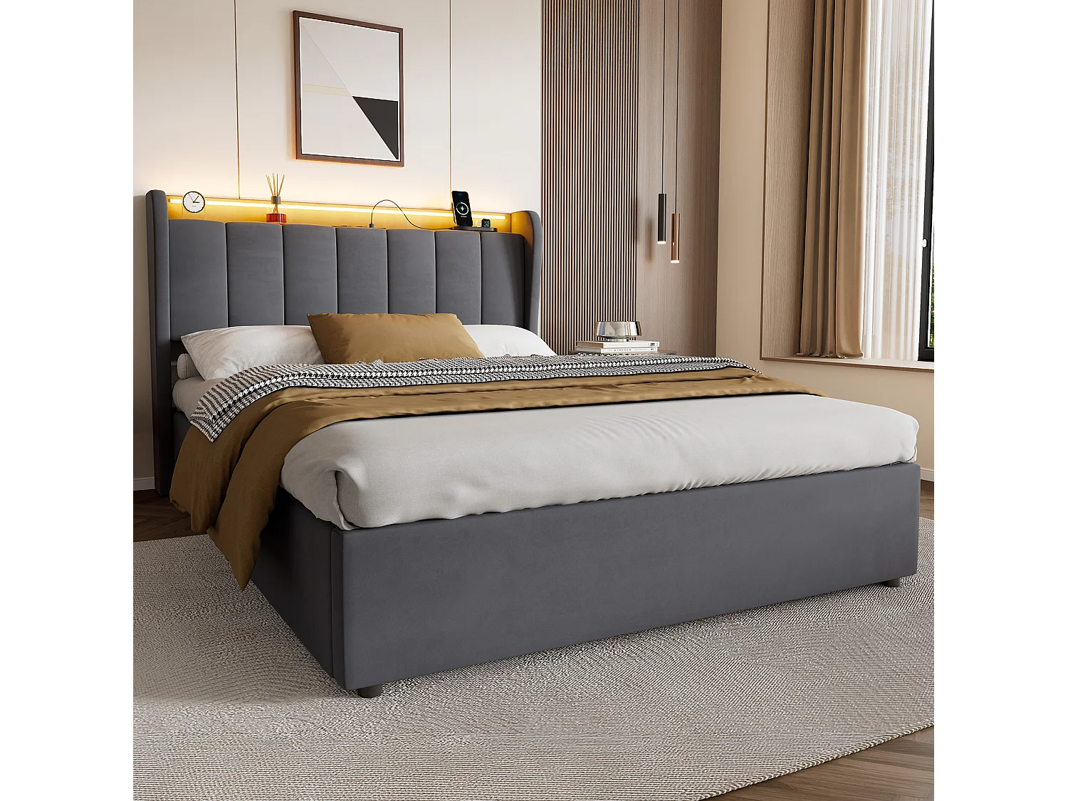 Lit coffre 140x200 cm, lit adulte avec LED et prise électrique, en velours gris, sans matelas