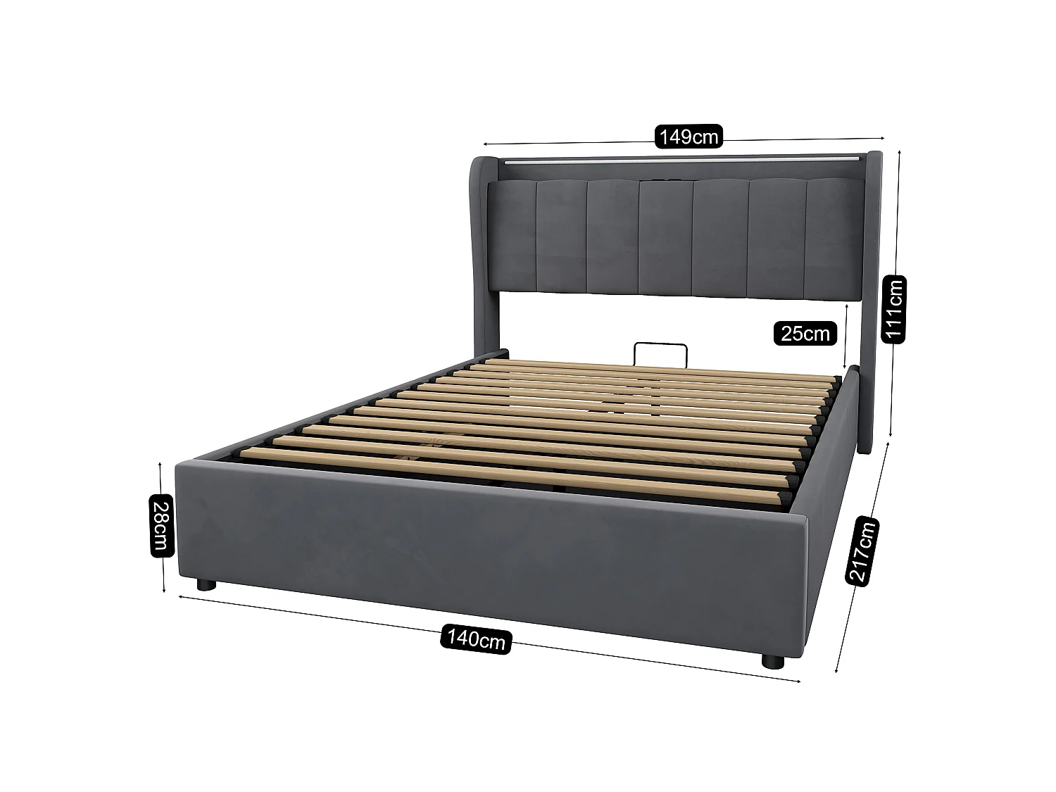 Lit coffre 140x200 cm, lit adulte avec LED et prise électrique, en velours gris, sans matelas