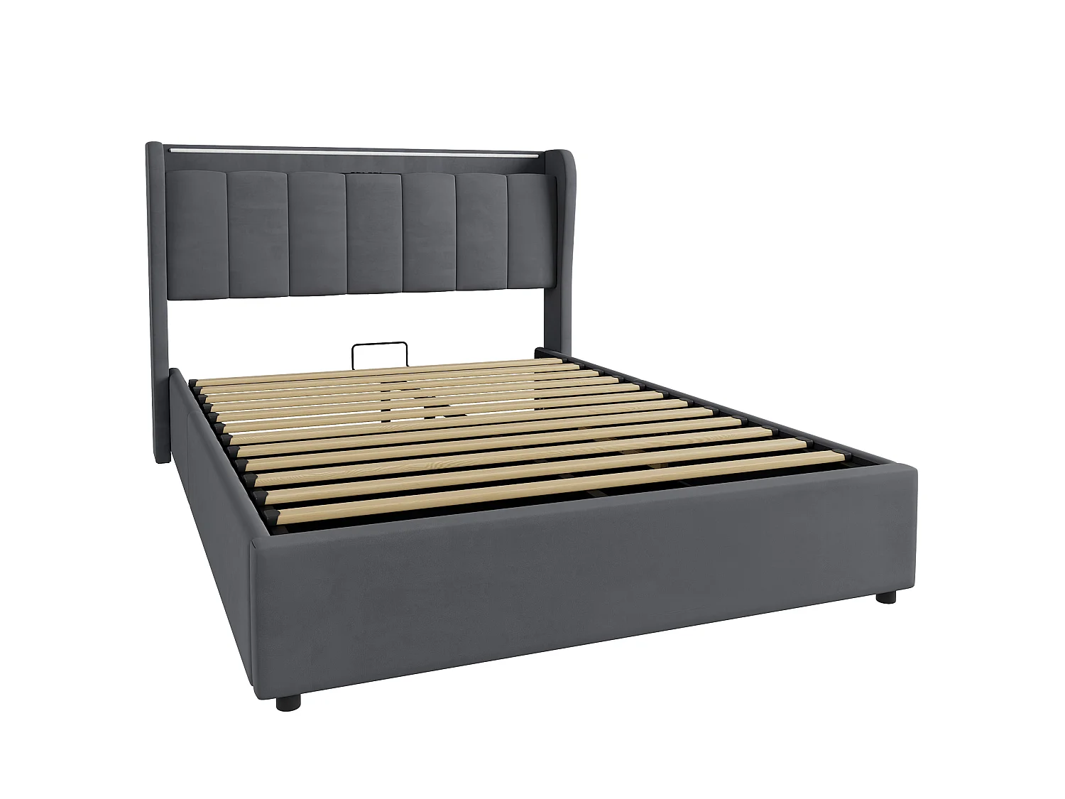 Lit coffre 140x200 cm, lit adulte avec LED et prise électrique, en velours gris, sans matelas
