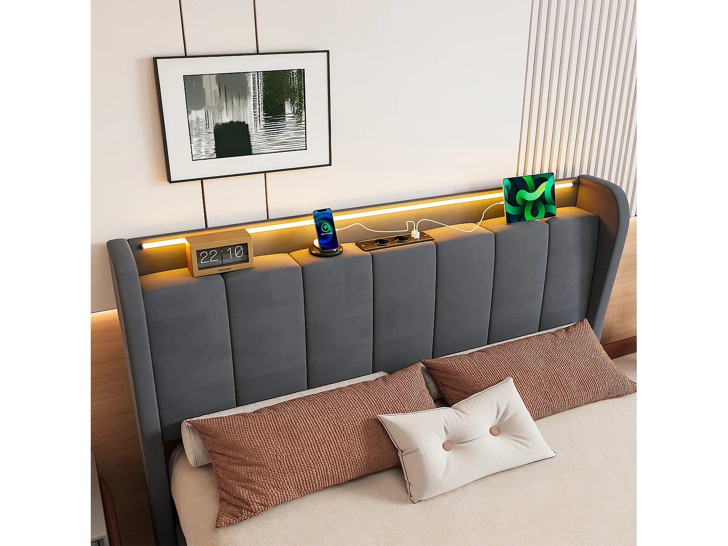 Lit coffre 140x200 cm, lit adulte avec LED et prise électrique, en velours gris, sans matelas