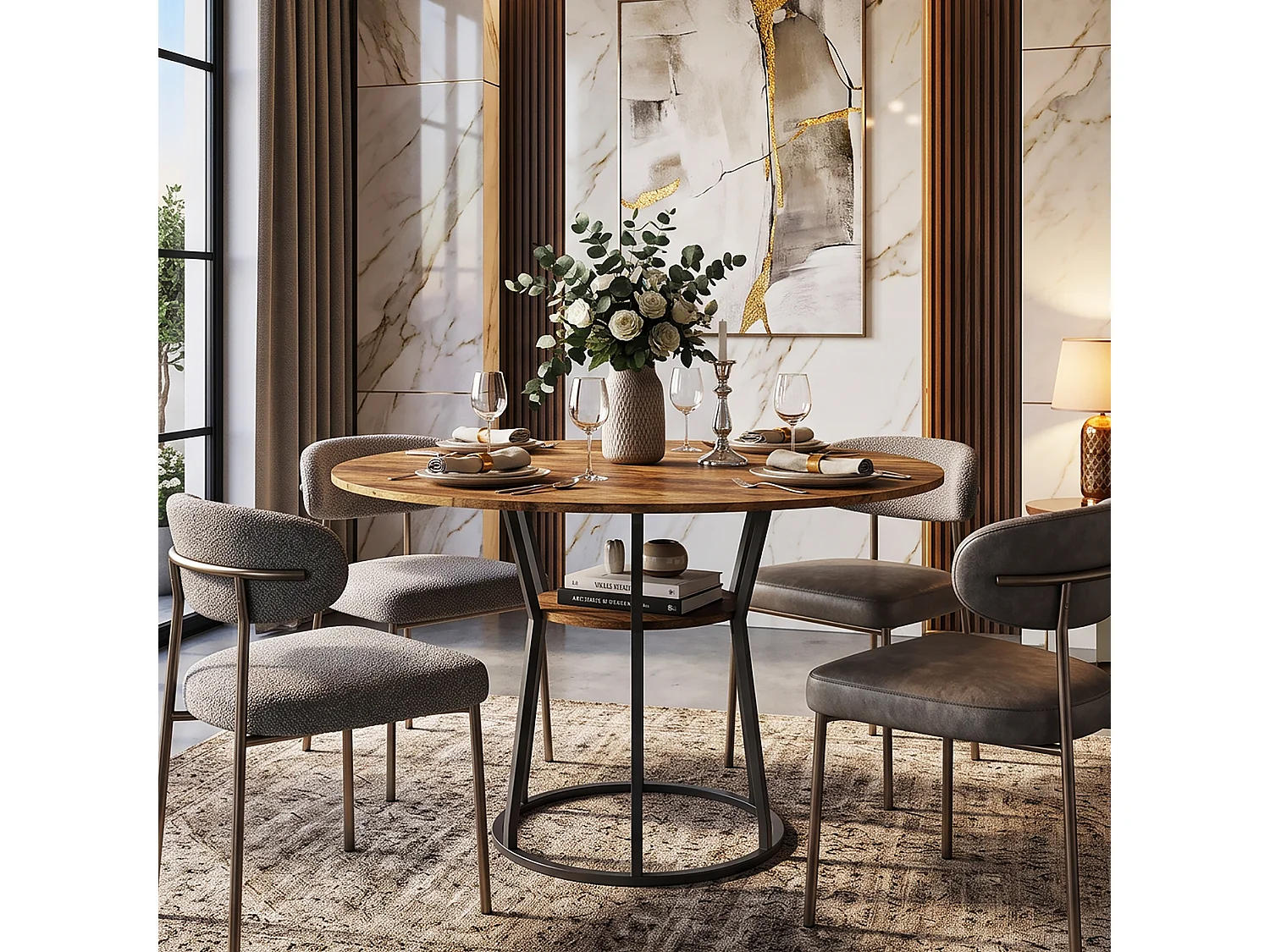 DreamMespace Table à Manger Ronde 120 cm - Table Repas 6 Personnes avec Étagère de Rangement Intégrée, Moderne Marron et Noir