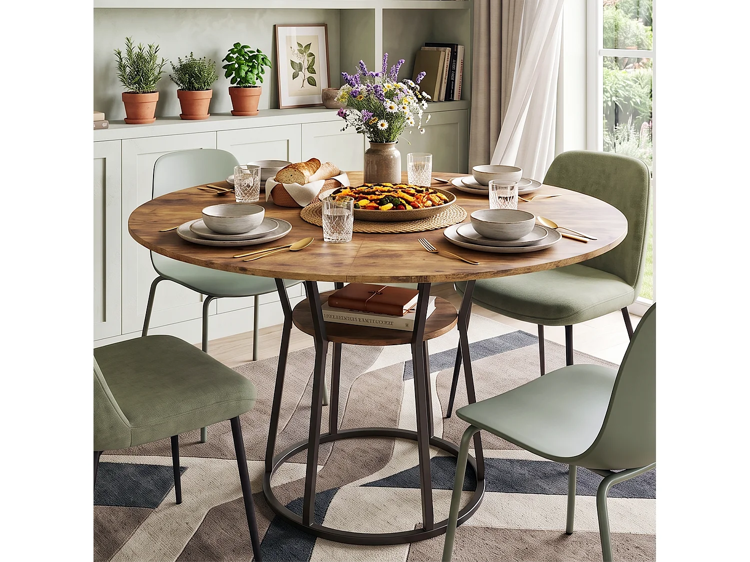 DreamMespace Table à Manger Ronde 120 cm - Table Repas 6 Personnes avec Étagère de Rangement Intégrée, Moderne Marron et Noir