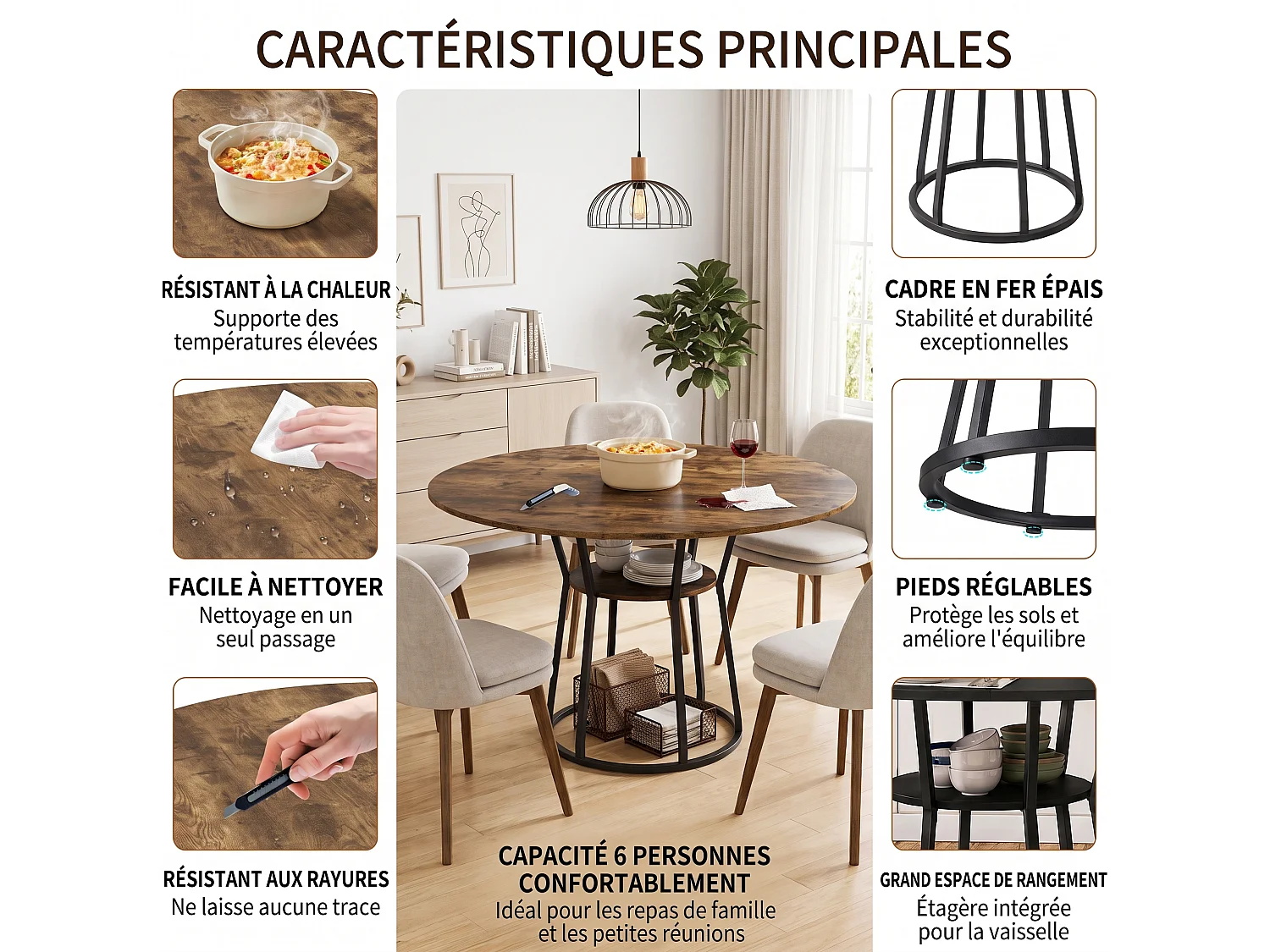 DreamMespace Table à Manger Ronde 120 cm - Table Repas 6 Personnes avec Étagère de Rangement Intégrée, Moderne Marron et Noir