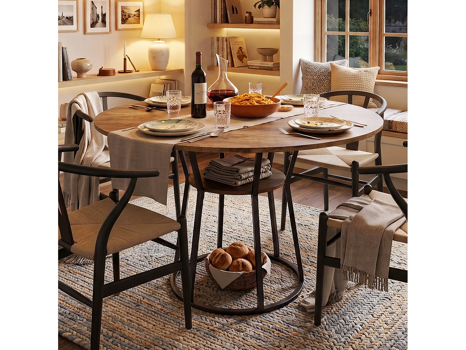 DreamMespace Table à Manger Ronde 120 cm - Table Repas 6 Personnes avec Étagère de Rangement Intégrée, Moderne Marron et Noir