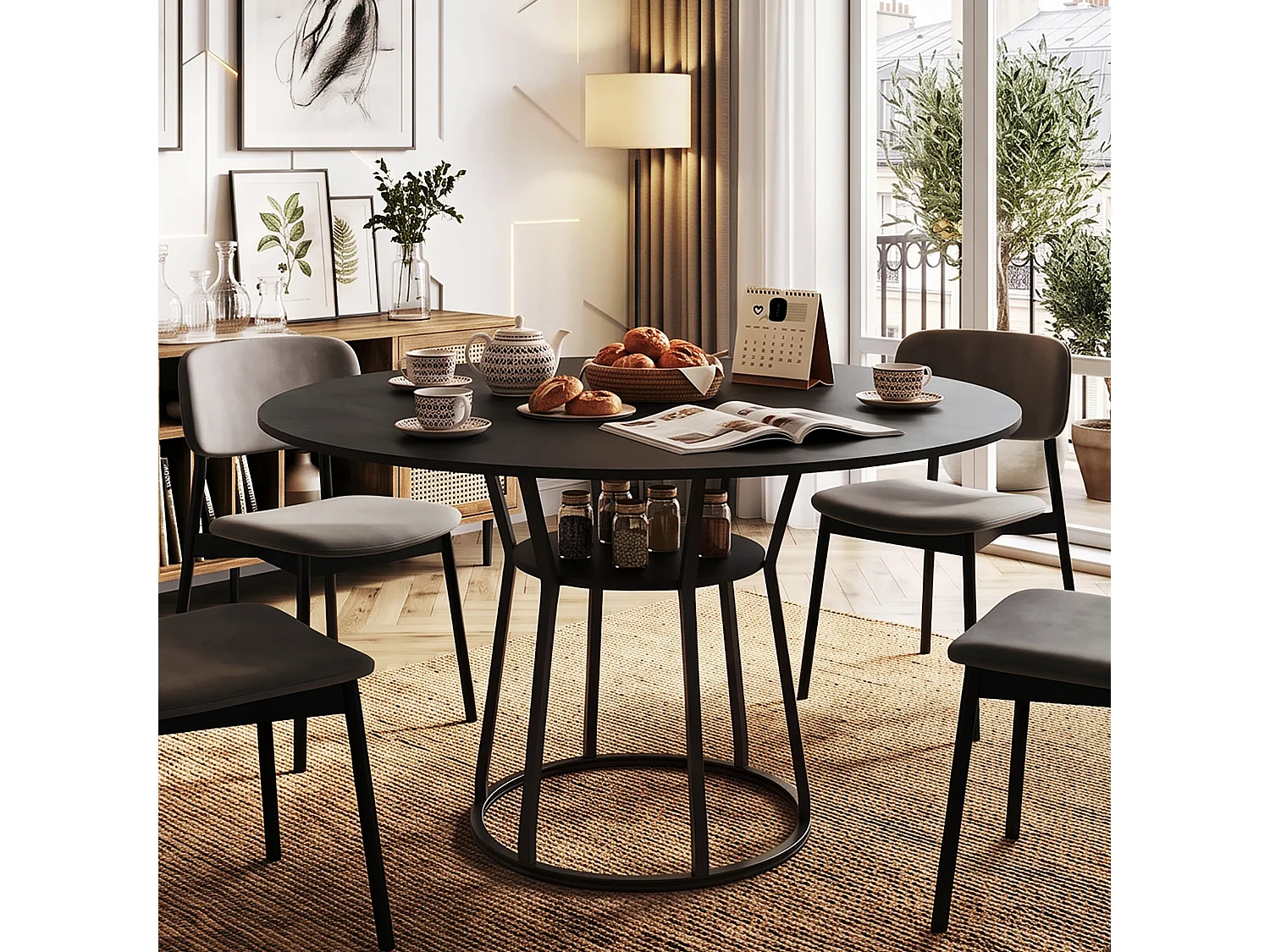 DreamMespace Table à Manger Ronde 120 cm - Table Repas 6 Personnes avec Étagère de Rangement Intégrée, Design Épuré Noir