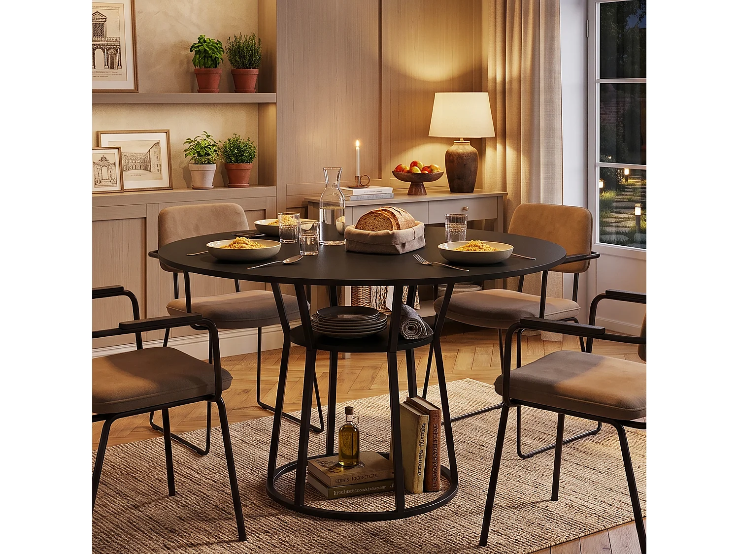 DreamMespace Table à Manger Ronde 120 cm - Table Repas 6 Personnes avec Étagère de Rangement Intégrée, Design Épuré Noir