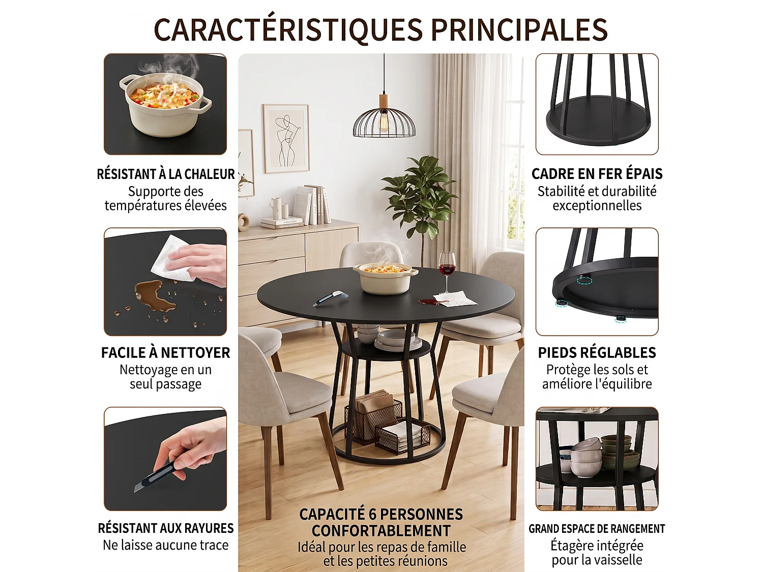 DreamMespace Table à Manger Ronde 120 cm - Table Repas 6 Personnes avec Étagère de Rangement Intégrée, Design Épuré Noir