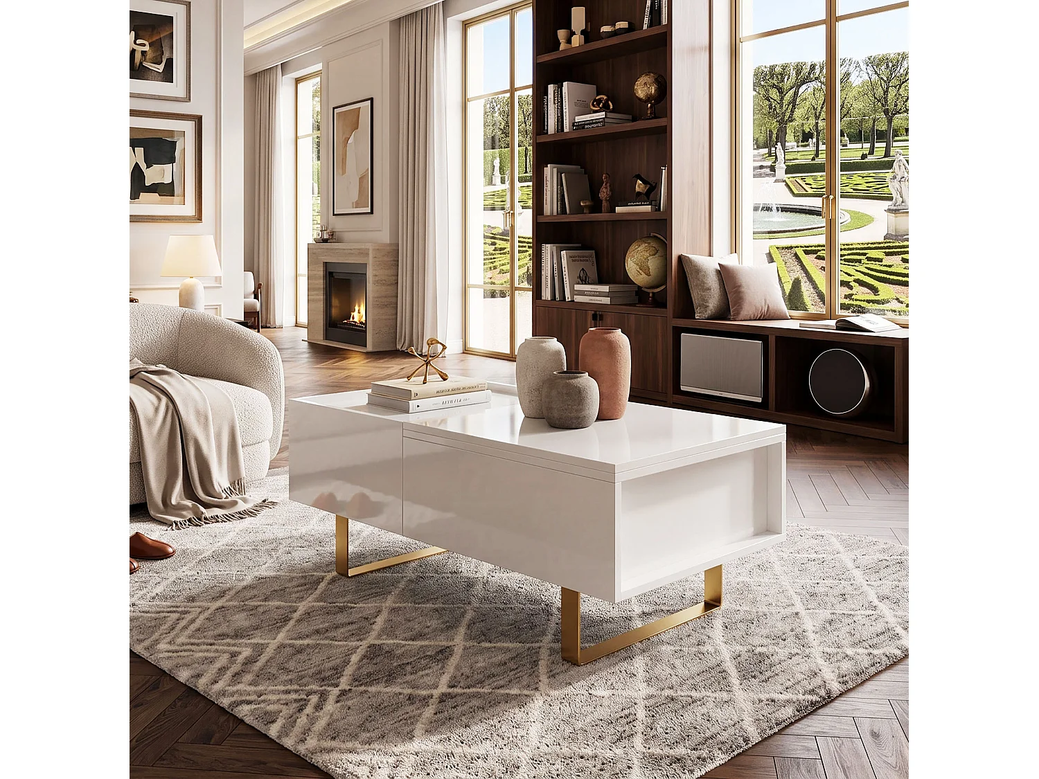 DreamMespace Table Basse Relevable 100x50 cm - Meuble de Rangement Salon avec Tiroir & Coffre Caché, Laqué Blanc et Pieds Métal Doré
