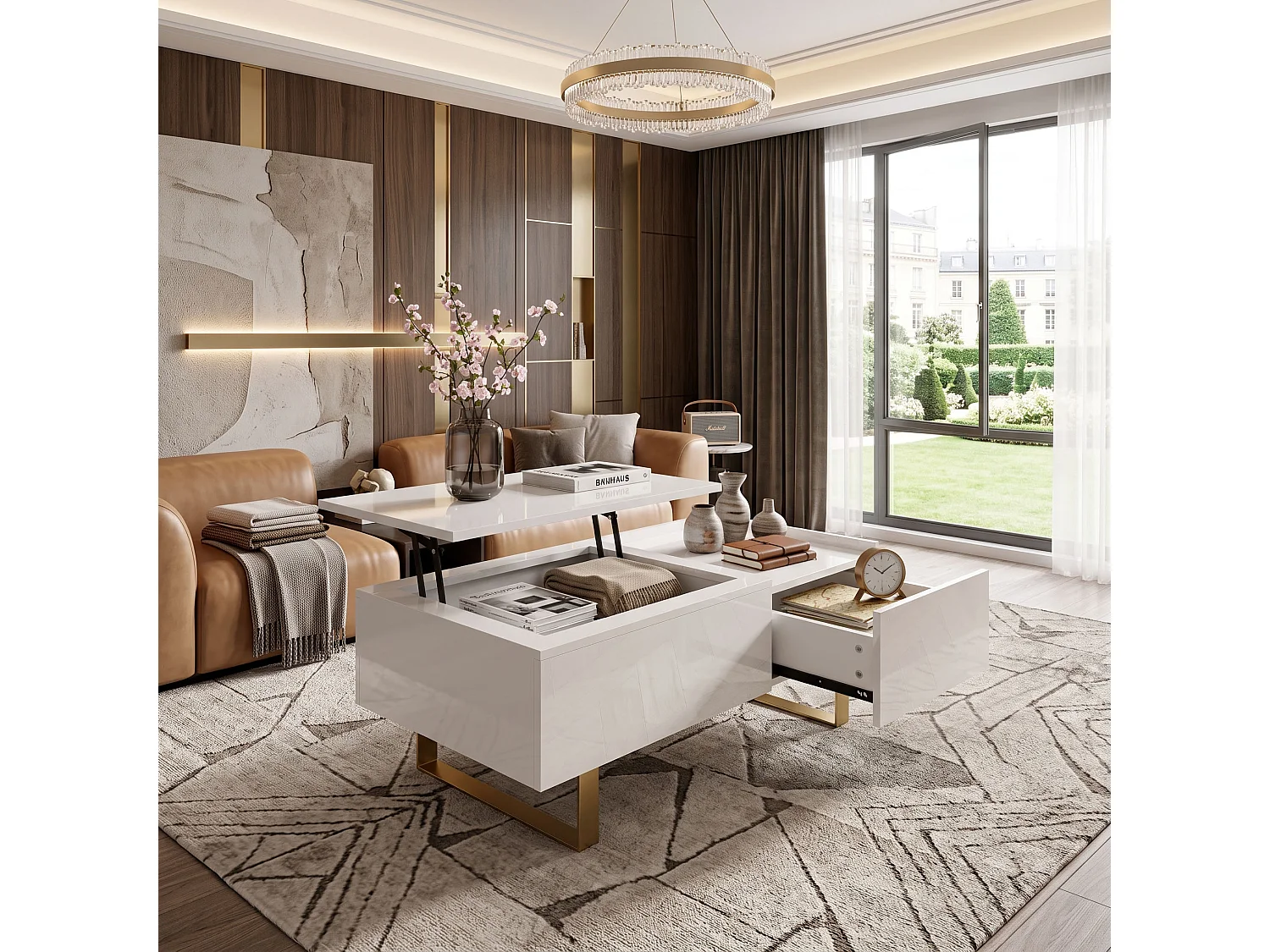 DreamMespace Table Basse Relevable 100x50 cm - Meuble de Rangement Salon avec Tiroir & Coffre Caché, Laqué Blanc et Pieds Métal Doré