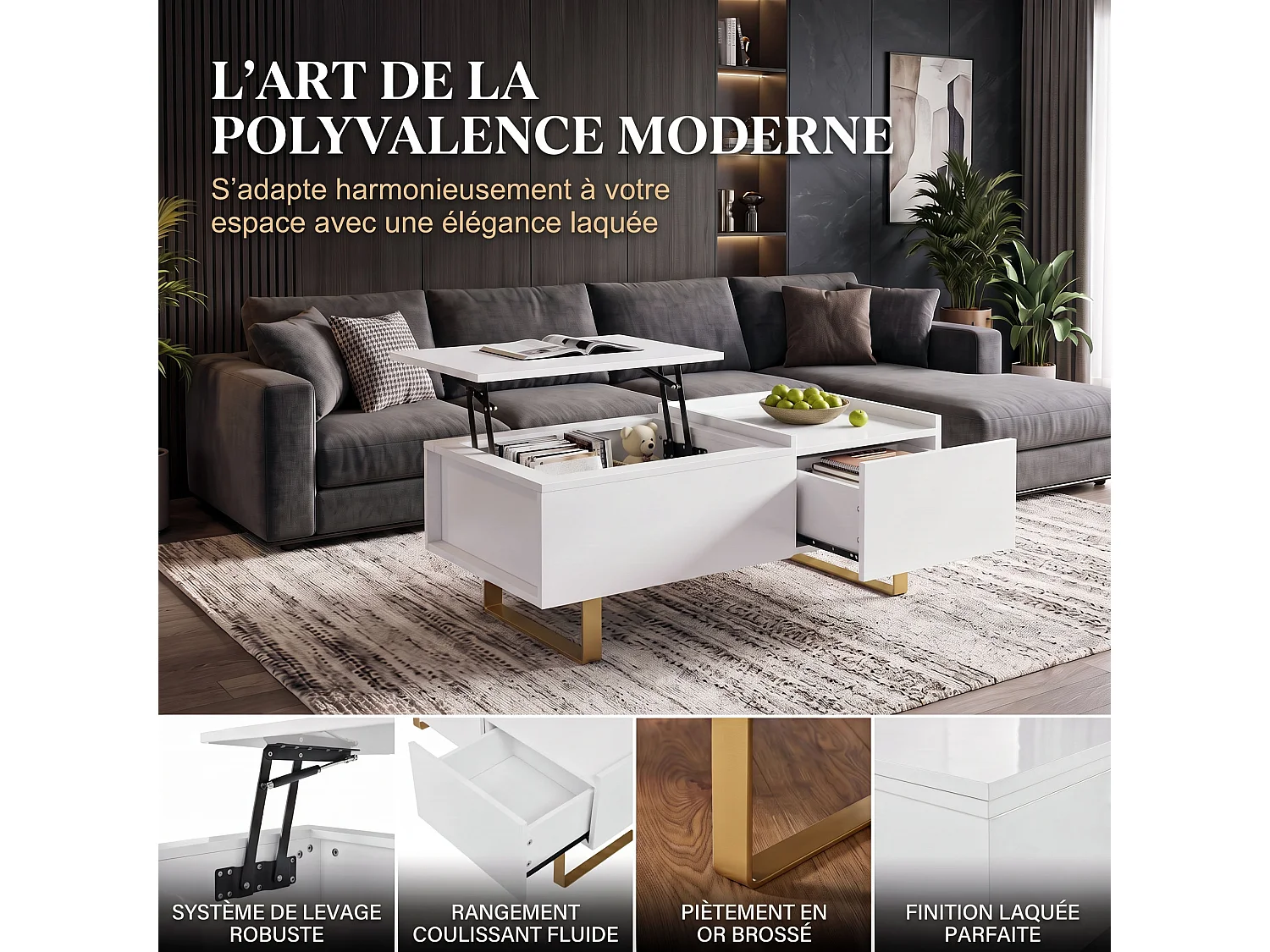 DreamMespace Table Basse Relevable 100x50 cm - Meuble de Rangement Salon avec Tiroir & Coffre Caché, Laqué Blanc et Pieds Métal Doré