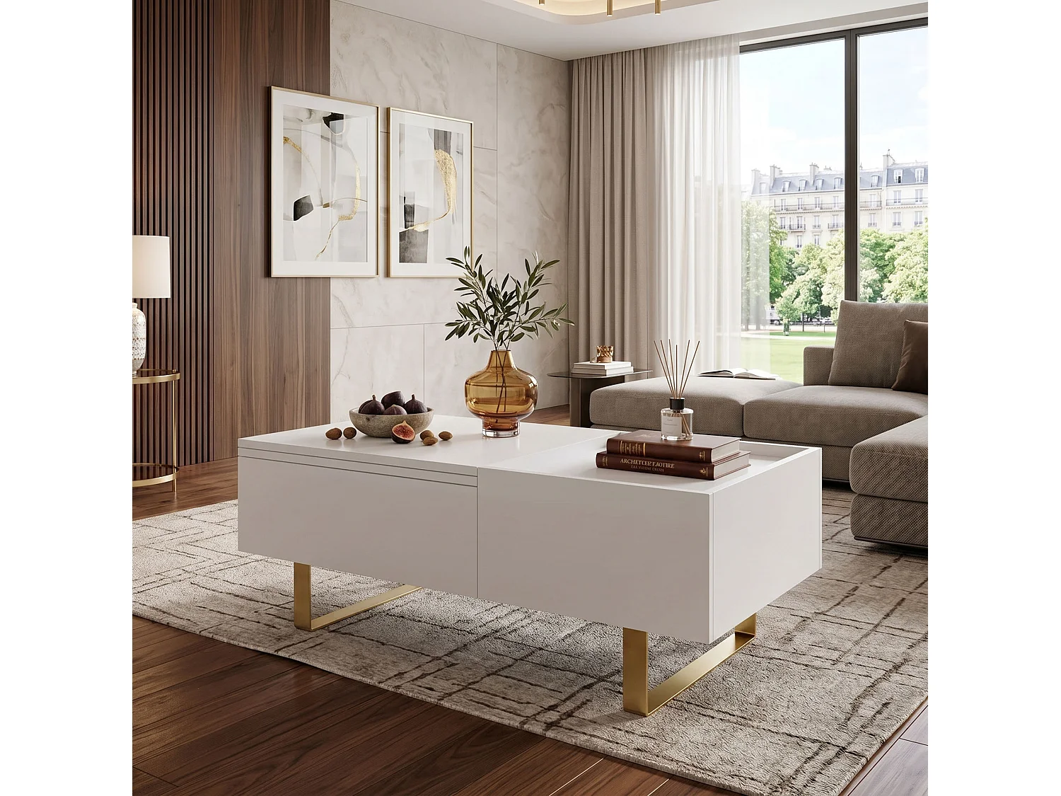 DreamMespace Table Basse Relevable 100x50 cm - Meuble de Rangement Salon avec Tiroir & Coffre Caché, Laqué Blanc et Pieds Métal Doré