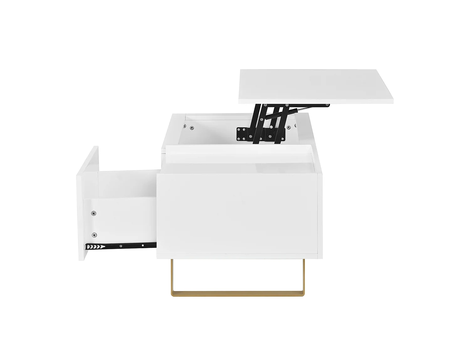 DreamMespace Table Basse Relevable 100x50 cm - Meuble de Rangement Salon avec Tiroir & Coffre Caché, Laqué Blanc et Pieds Métal Doré