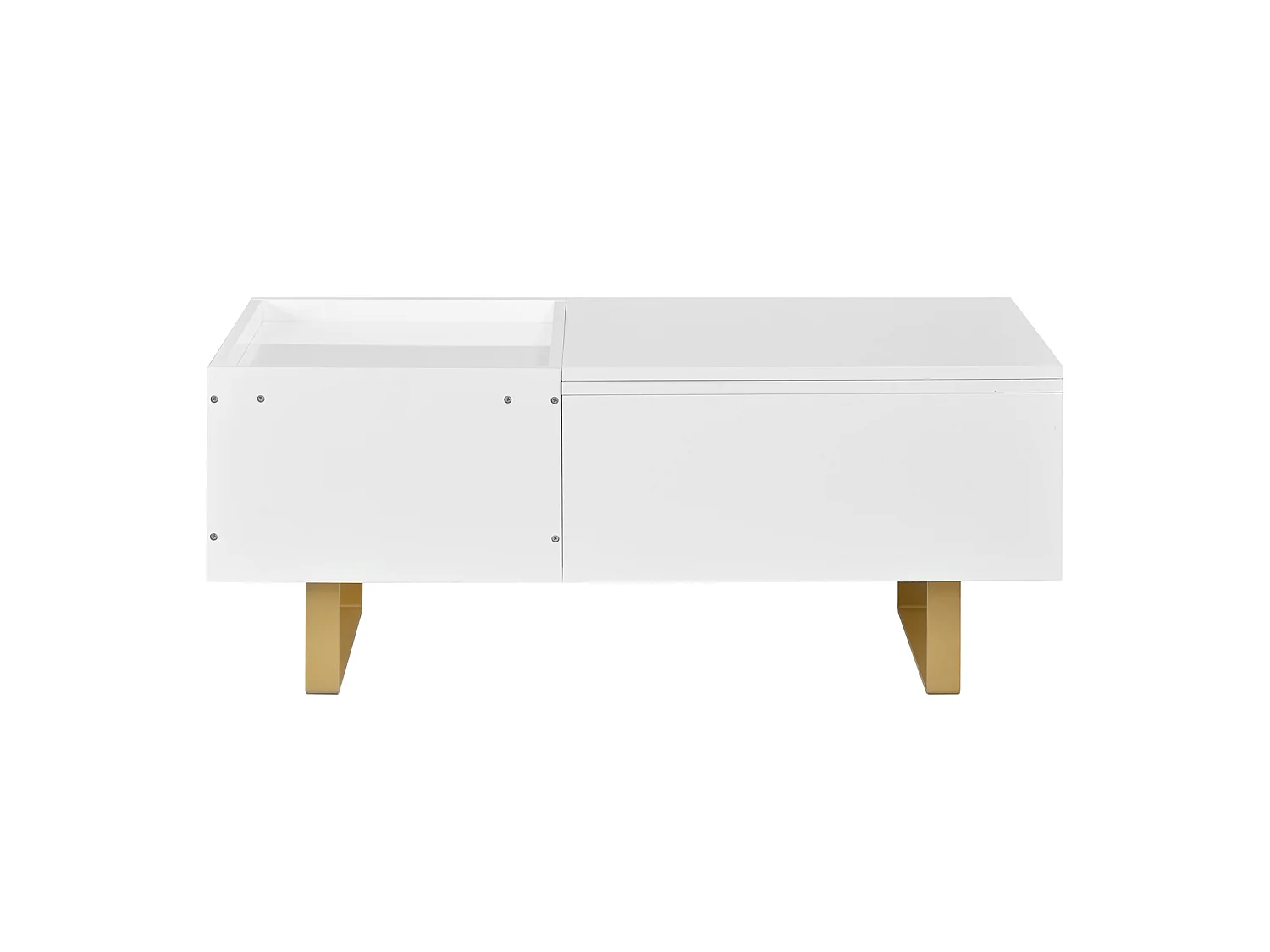 DreamMespace Table Basse Relevable 100x50 cm - Meuble de Rangement Salon avec Tiroir & Coffre Caché, Laqué Blanc et Pieds Métal Doré