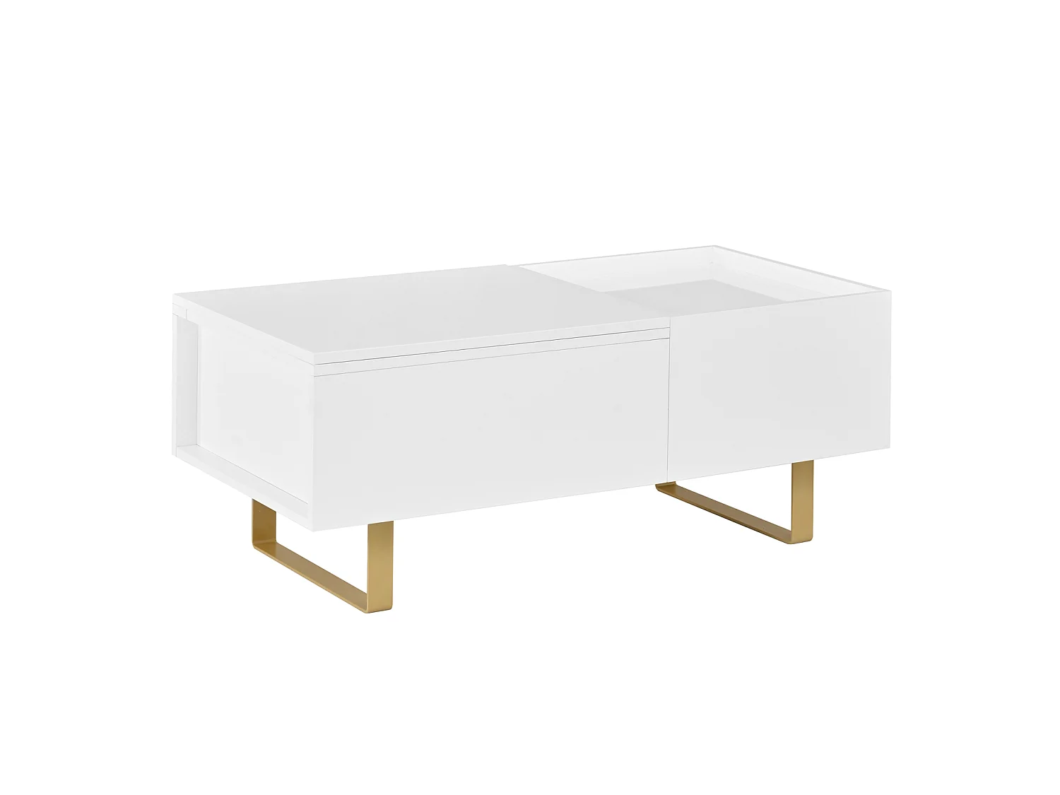 DreamMespace Table Basse Relevable 100x50 cm - Meuble de Rangement Salon avec Tiroir & Coffre Caché, Laqué Blanc et Pieds Métal Doré