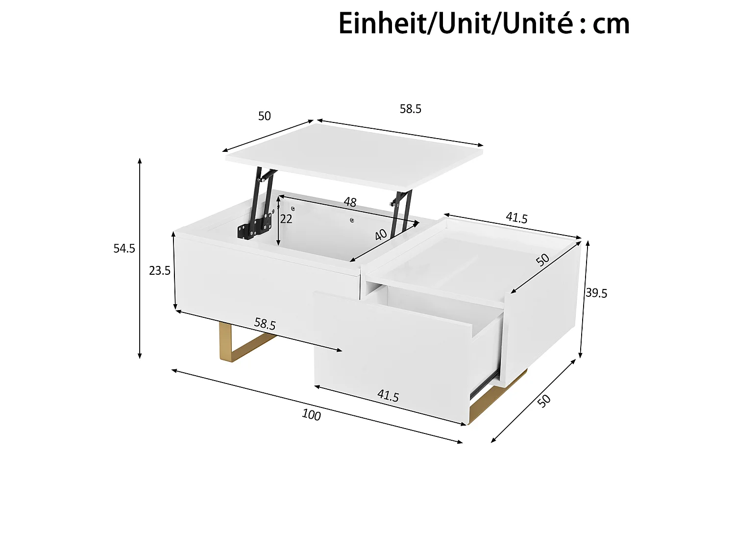 DreamMespace Table Basse Relevable 100x50 cm - Meuble de Rangement Salon avec Tiroir & Coffre Caché, Laqué Blanc et Pieds Métal Doré