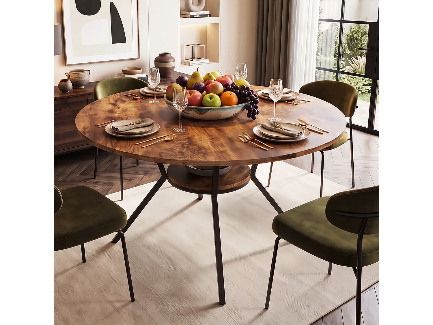DreamMespace Table à Manger Ronde 120 cm - Table Repas avec Étagère de Rangement Double Plateau 4 à 6 Personnes, Style Moderne Marron Chêne Fumé