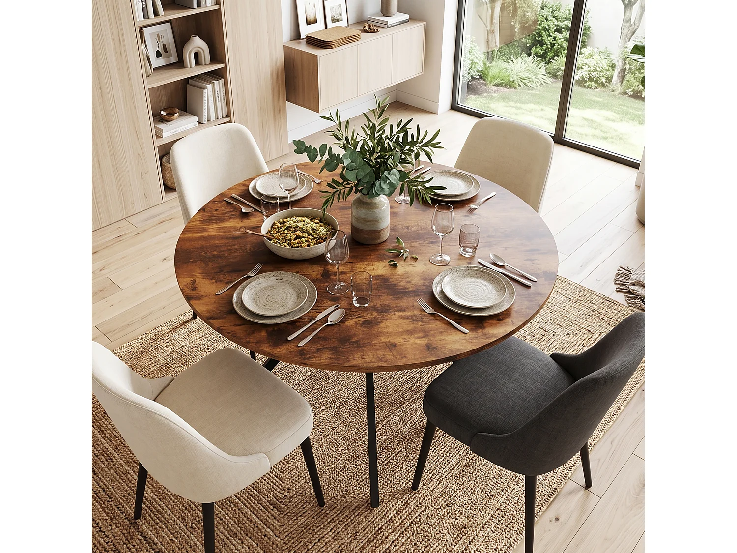 DreamMespace Table à Manger Ronde 120 cm - Table Repas avec Étagère de Rangement Double Plateau 4 à 6 Personnes, Style Moderne Marron Chêne Fumé