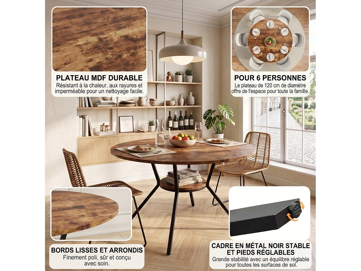 DreamMespace Table à Manger Ronde 120 cm - Table Repas avec Étagère de Rangement Double Plateau 4 à 6 Personnes, Style Moderne Marron Chêne Fumé