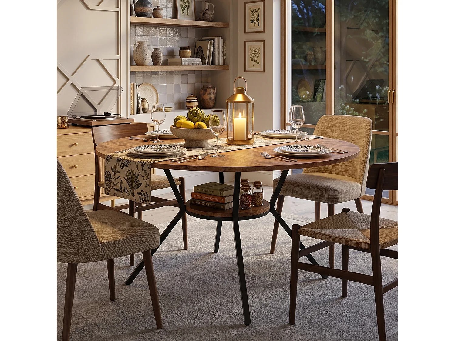 DreamMespace Table à Manger Ronde 120 cm - Table Repas avec Étagère de Rangement Double Plateau 4 à 6 Personnes, Style Moderne Marron Chêne Fumé