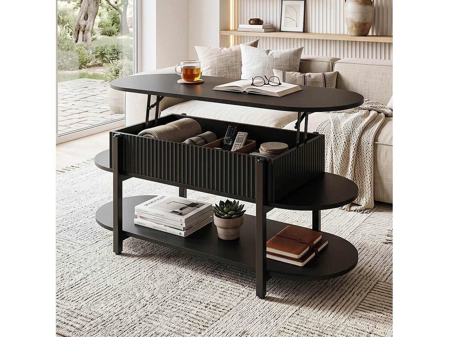 DreamMespace Table Basse Relevable 106x45 cm - Meuble de Rangement Salon avec Coffre et Étagères, Panneau et Métal Noir