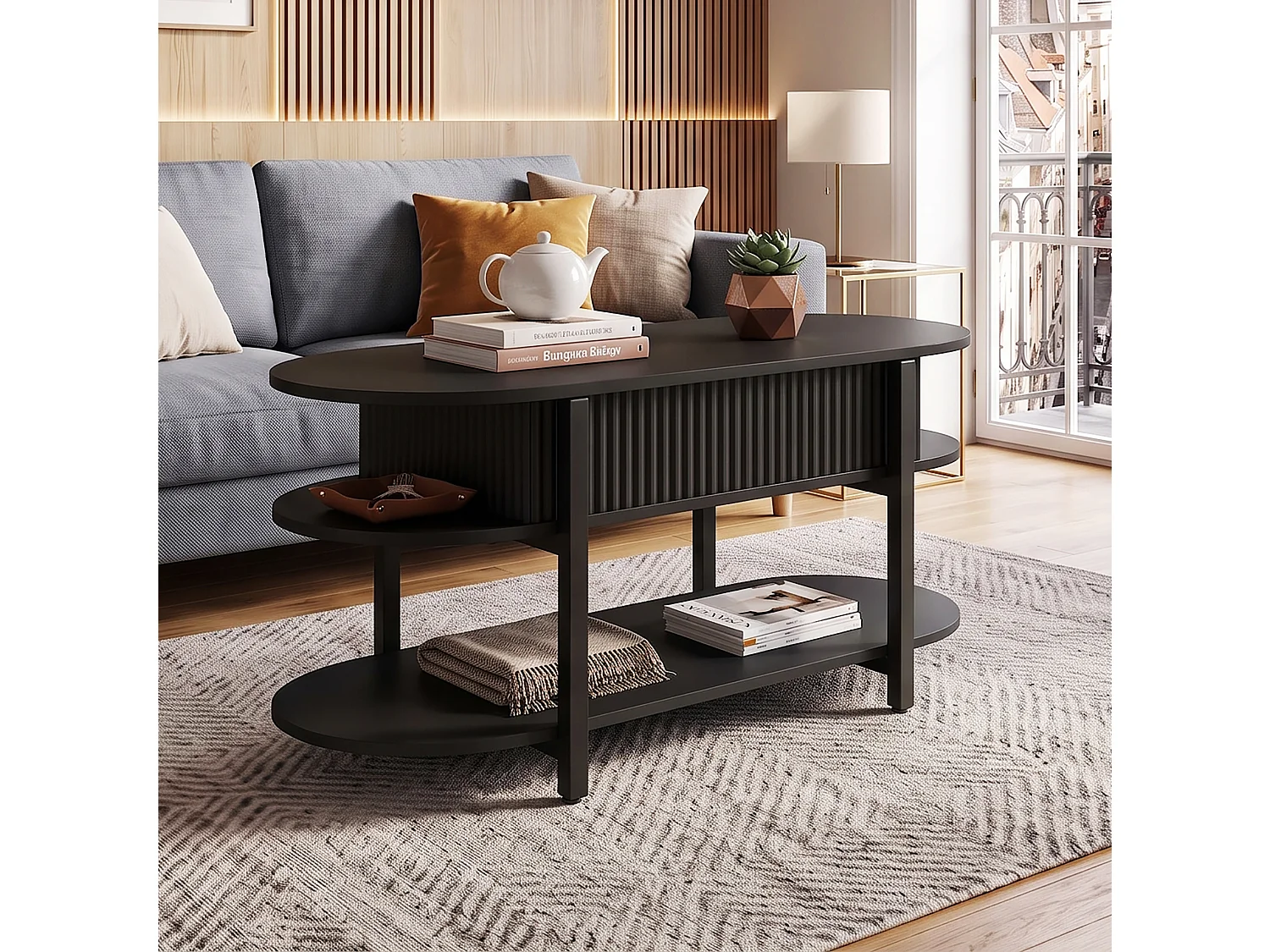 DreamMespace Table Basse Relevable 106x45 cm - Meuble de Rangement Salon avec Coffre et Étagères, Panneau et Métal Noir