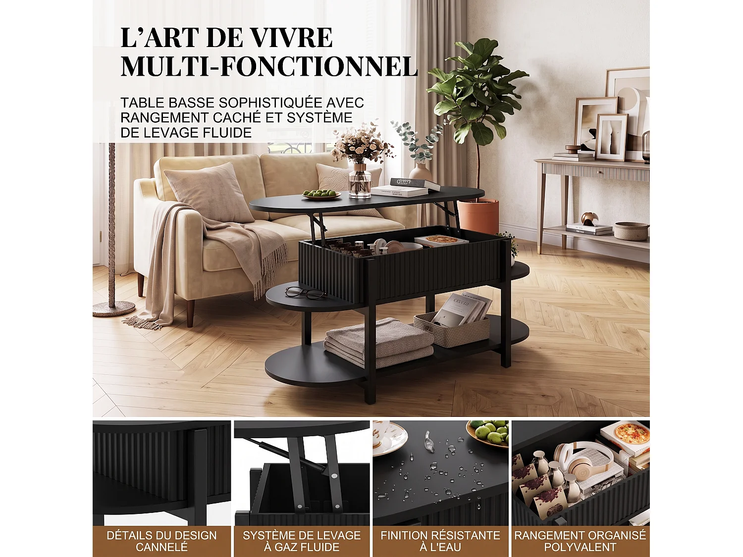 DreamMespace Table Basse Relevable 106x45 cm - Meuble de Rangement Salon avec Coffre et Étagères, Panneau et Métal Noir