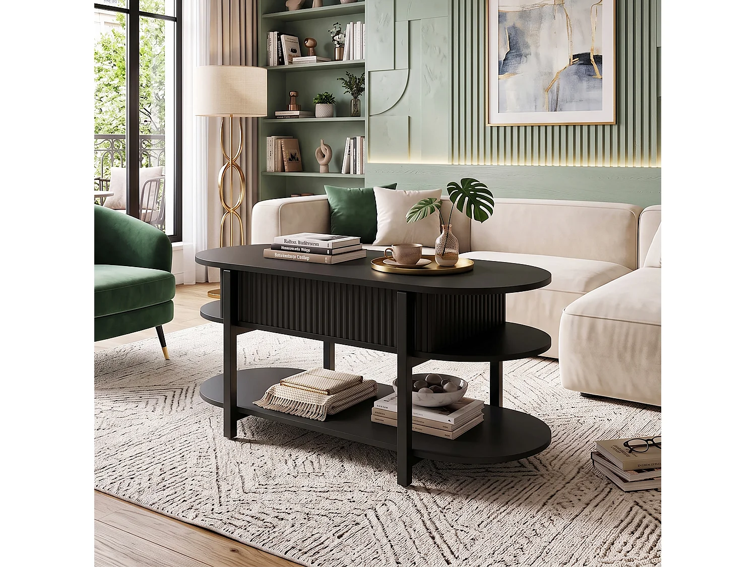 DreamMespace Table Basse Relevable 106x45 cm - Meuble de Rangement Salon avec Coffre et Étagères, Panneau et Métal Noir