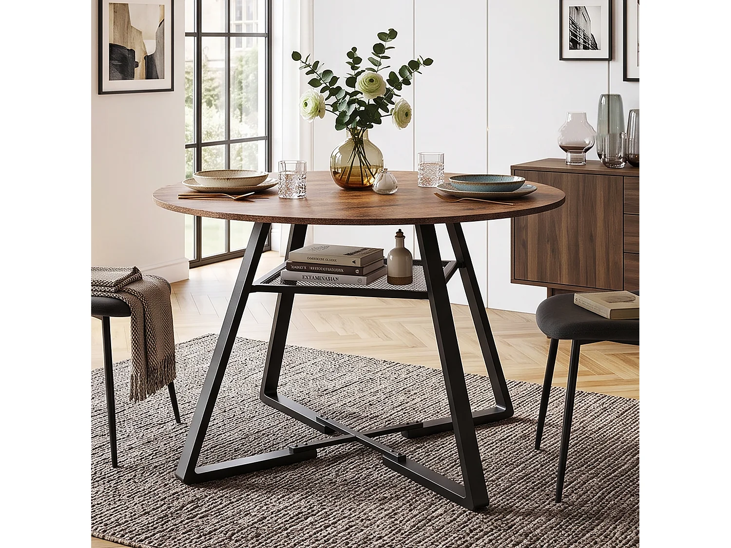 DreamMespace Table à Manger Ronde 120 cm - avec Étagère de Rangement Intégrée 4-6 Personnes, Effet Bois Chêne Foncé et Métal Noir