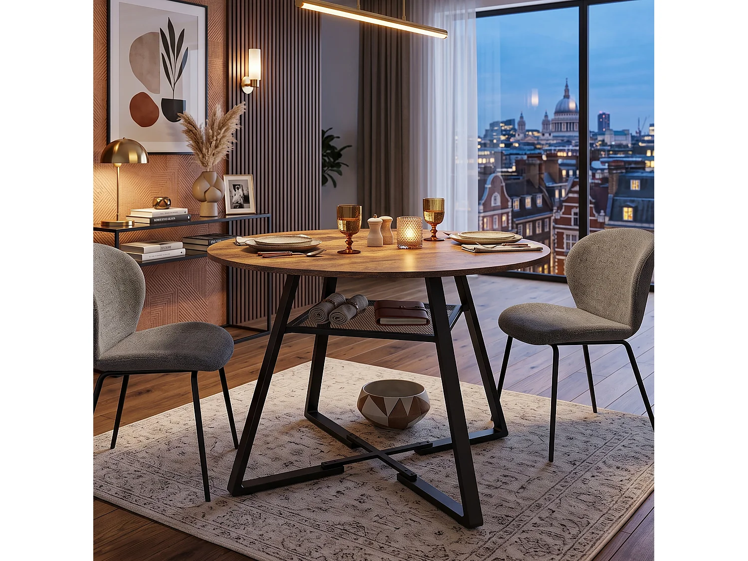 DreamMespace Table à Manger Ronde 120 cm - avec Étagère de Rangement Intégrée 4-6 Personnes, Effet Bois Chêne Foncé et Métal Noir