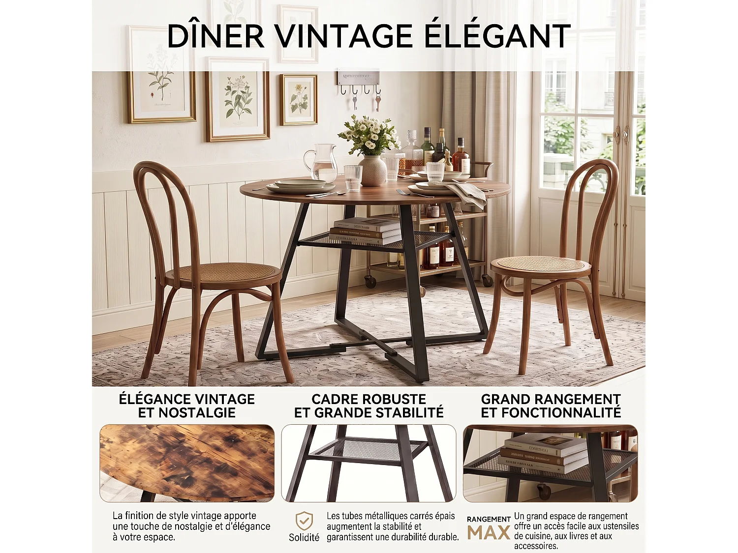 DreamMespace Table à Manger Ronde 120 cm - avec Étagère de Rangement Intégrée 4-6 Personnes, Effet Bois Chêne Foncé et Métal Noir