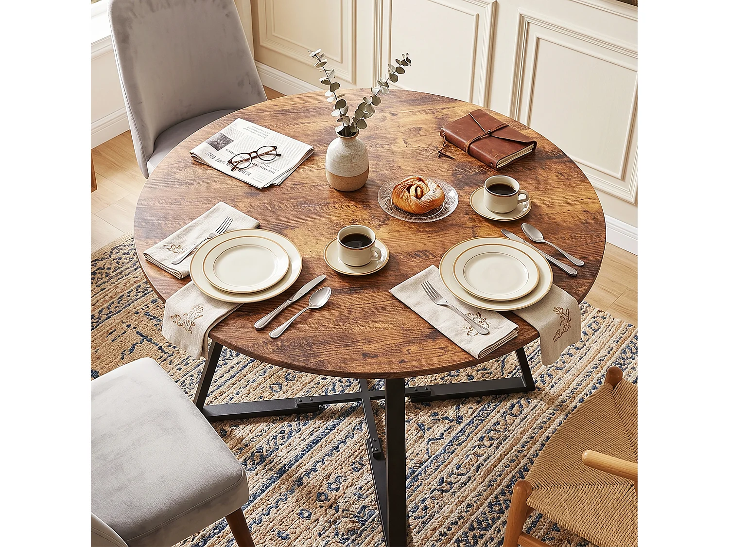 DreamMespace Table à Manger Ronde 120 cm - avec Étagère de Rangement Intégrée 4-6 Personnes, Effet Bois Chêne Foncé et Métal Noir