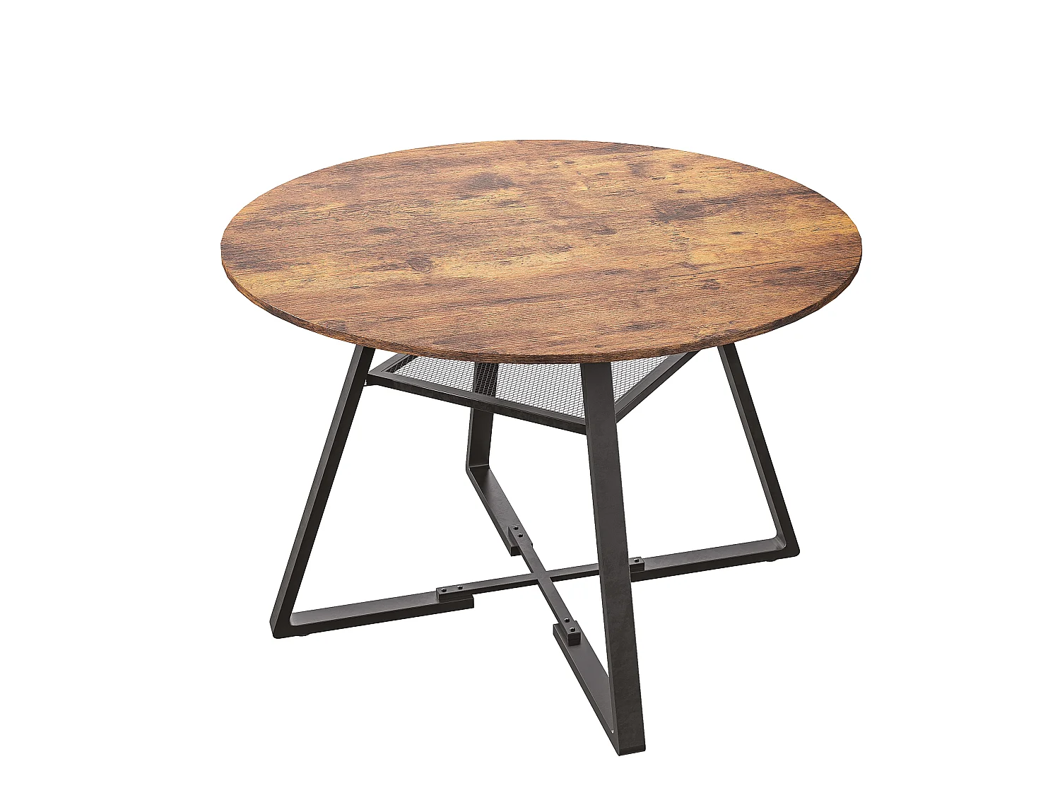 DreamMespace Table à Manger Ronde 120 cm - avec Étagère de Rangement Intégrée 4-6 Personnes, Effet Bois Chêne Foncé et Métal Noir
