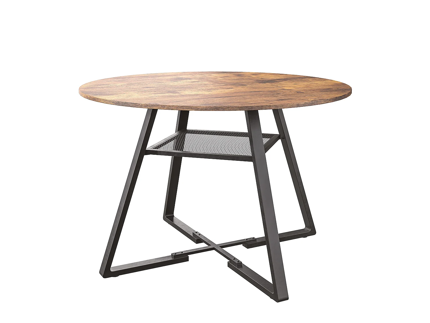 DreamMespace Table à Manger Ronde 120 cm - avec Étagère de Rangement Intégrée 4-6 Personnes, Effet Bois Chêne Foncé et Métal Noir